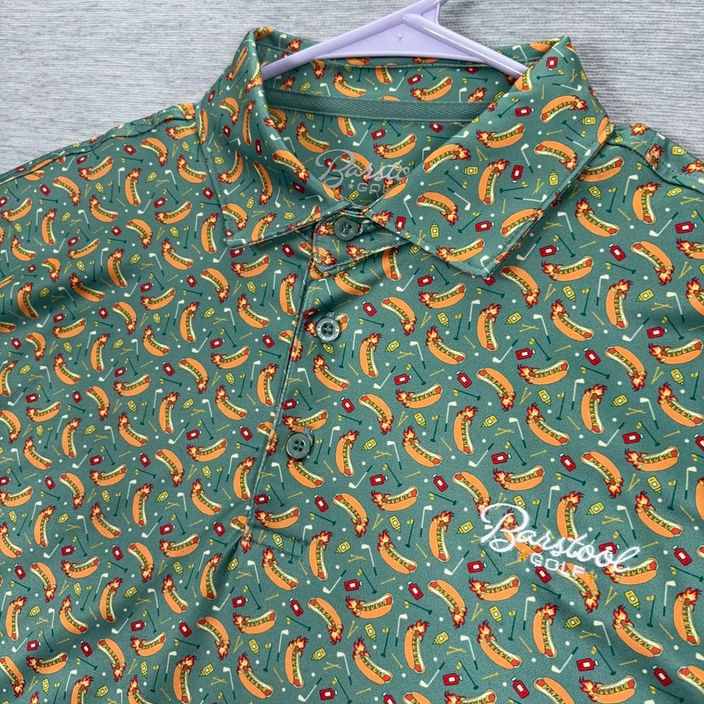 Barstool Golf Polo Shirt Mens M Green Hot Dogs Short Sleeve Polyester Spandex